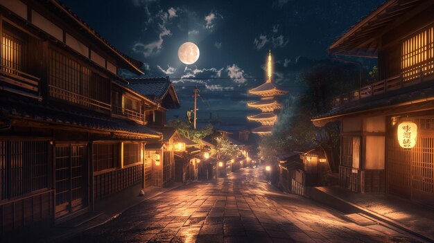escena nocturna de una calle con una luna llena y una pagoda generativa ai