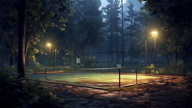 escena nocturna de una cancha de tenis con luces en la oscuridad ai generativa