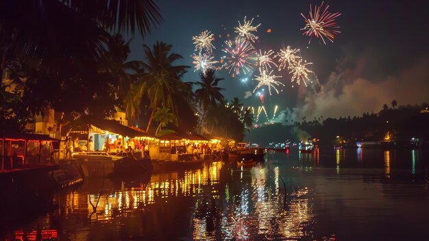 Foto escena nocturna del carnaval de goa con fuegos artificiales iluminando el cielo una celebración