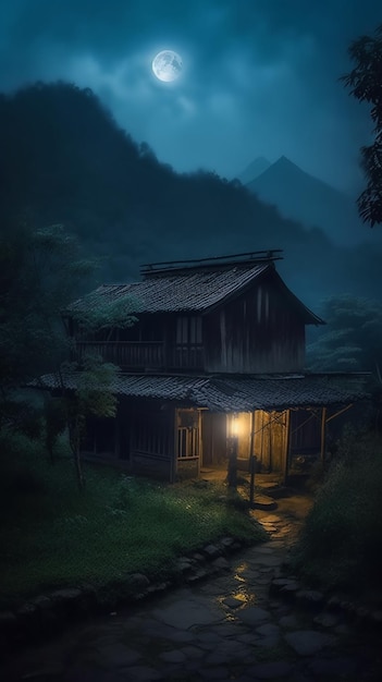 escena nocturna de una casa con luna llena de fondo ai generativa