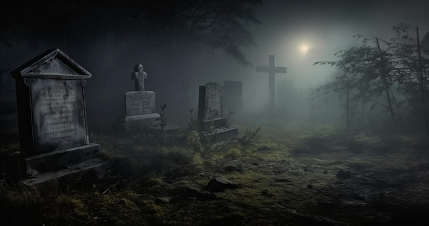Foto escena nocturna en un cementerio con lápidas