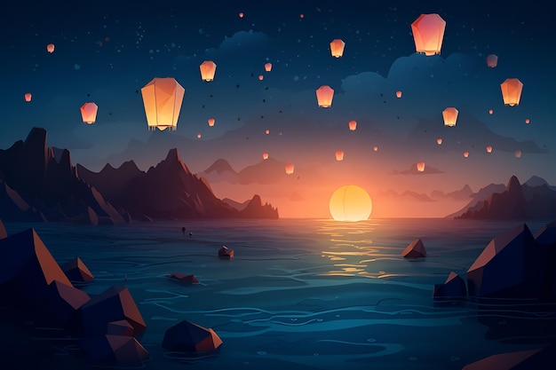 Una escena nocturna con un cielo lleno de farolillos flotando sobre el mar y el sol brillando.