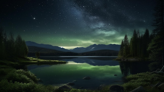 Una escena nocturna con un cielo verde y azul y la vía láctea sobre las montañas.