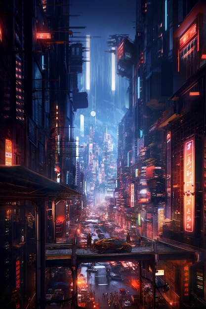escena nocturna de la ciudad con una calle concurrida y luces de neón generativa ai
