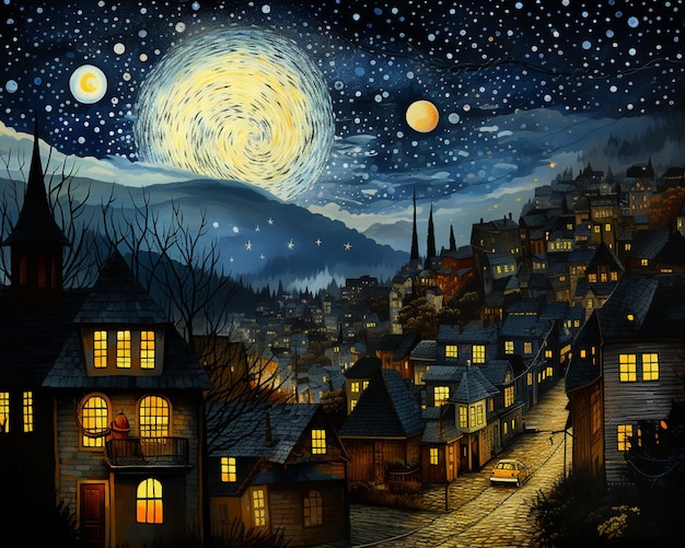 escena nocturna de una ciudad con una luna llena y un cielo estrellado generativo ai