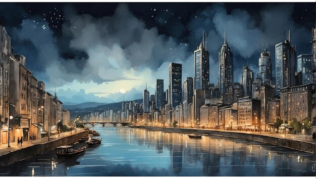 una escena nocturna de una ciudad con muchos edificios
