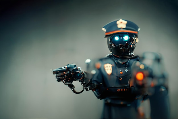 Escena nocturna de la ciudad con un robot policía apuntando con un arma Arte generado por Ai