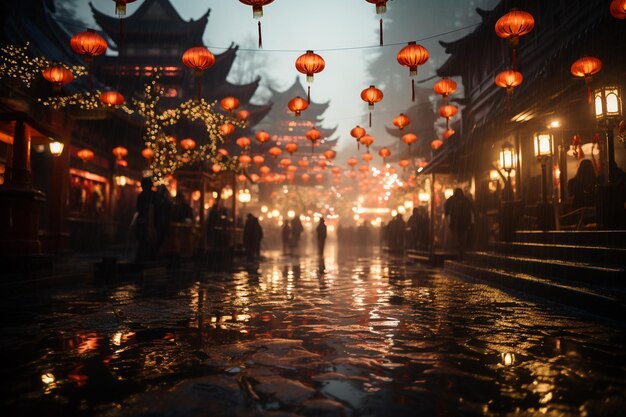 Escena nocturna de una ciudad tradicional con linternas rojas en un día lluvioso concepto de Año Nuevo Lunar
