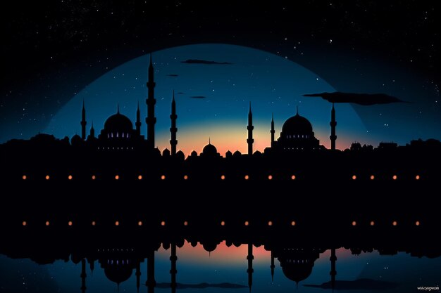 Escena nocturna de Eid y Ramadán con una mezquita y una luna de fondo IA generativa