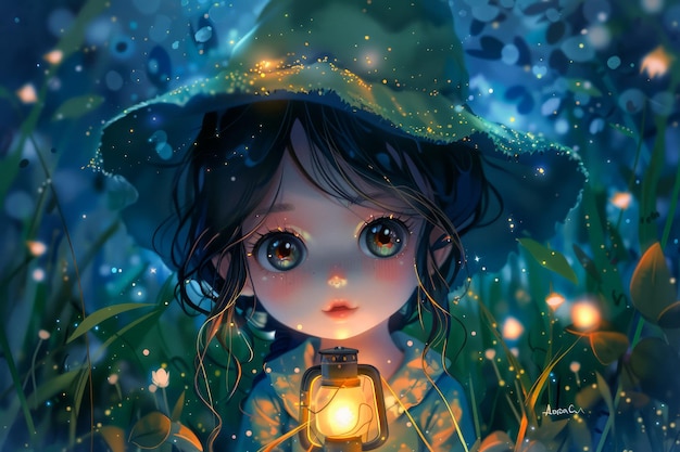 Escena nocturna encantadora con una adorable niña de dibujos animados sosteniendo una linterna entre flores luminescentes