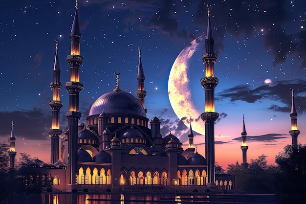 escena nocturna encantadora de una mezquita en 3D bajo la luz de la luna durante el Ramadán