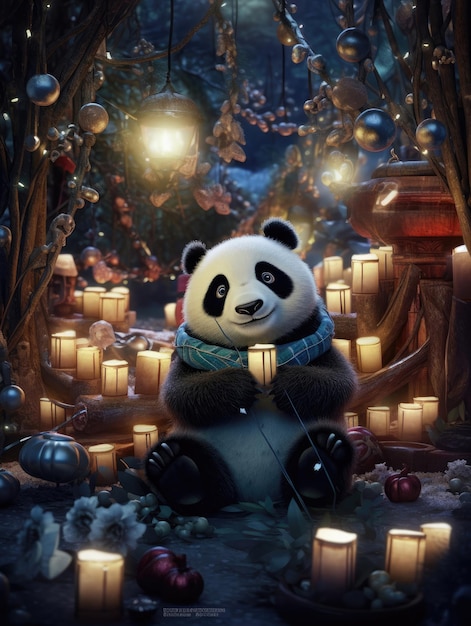 Escena nocturna fabulosa del panda navideño