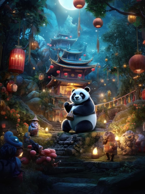 Escena nocturna fabulosa del panda navideño