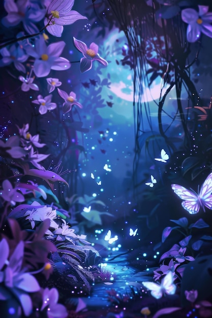 Foto escena nocturna con flores púrpuras y mariposas