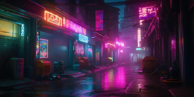 Escena nocturna generativa de IA de la ciudad después de la lluvia en estilo cyberpunk futurista nostálgico de los años 80 y 90