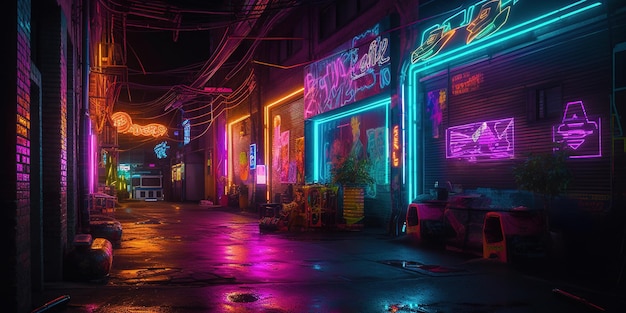 Foto escena nocturna generativa de ia de la ciudad después de la lluvia en estilo cyberpunk futurista nostálgico de los años 80 y 90