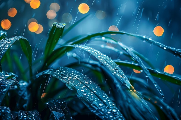 Escena nocturna de hojas húmedas adornadas con gotas de lluvia brillantes iluminadas por luces cálidas y brillantes que crean una atmósfera serena