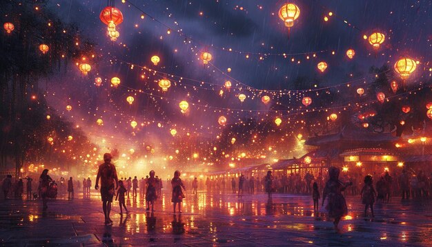 Foto una escena nocturna de holi donde la gente juega con colores bajo el resplandor de linternas y luces de cuerda