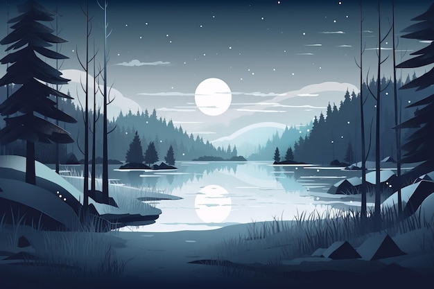 Una escena nocturna con un lago y árboles y la luna.