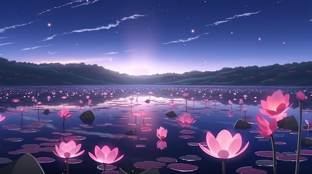 Una escena nocturna con un lago y flores.