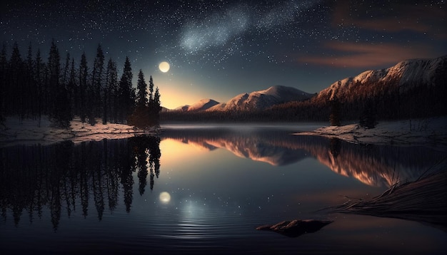 Foto escena nocturna de un lago con una montaña y una luna llena generativa ai