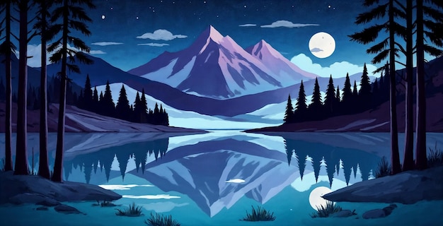 Escena nocturna de un lago de montaña