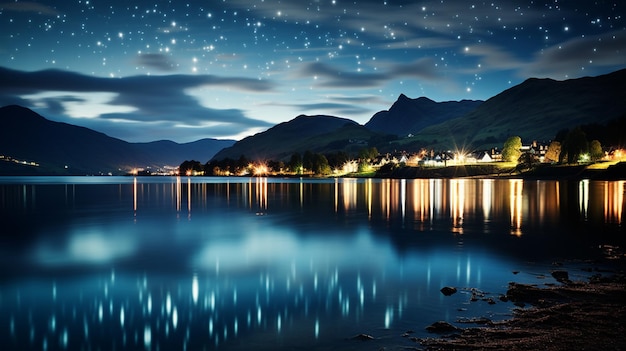 una escena nocturna con un lago y montañas en el fondo.