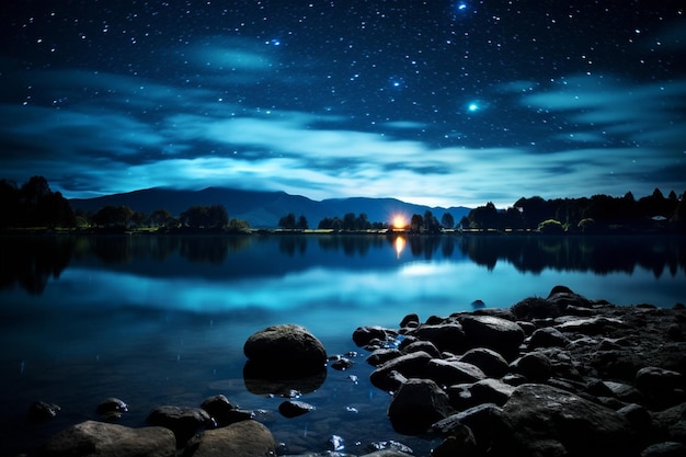 Foto escena nocturna con un lago y montañas con luna llena