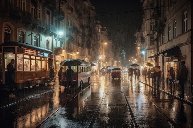 Escena nocturna lluviosa reflejos urbanos personas bajo sombrillas coloridas IA generativa