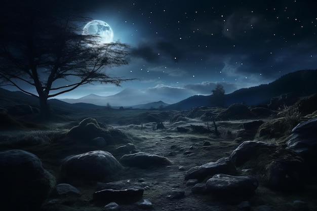 una escena nocturna con luna llena en el cielo y rocas en el suelo