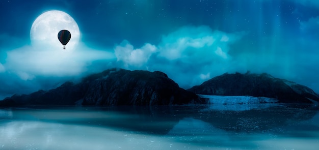 Escena nocturna mágica con luna llena en el cielo nublado y vuelo en globo aerostático