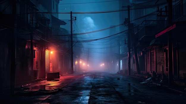 Foto una escena nocturna de mal humor en una calle urbana con niebla atmosférica iluminada por luces azules y rojas de neón con una silueta de una persona caminando y edificios industriales que bordean la carretera