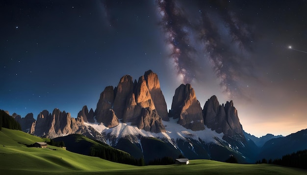 una escena nocturna con montañas y una estrella en el cielo