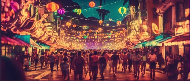 Una escena nocturna con una multitud de personas frente a un escenario con linternas coloridas