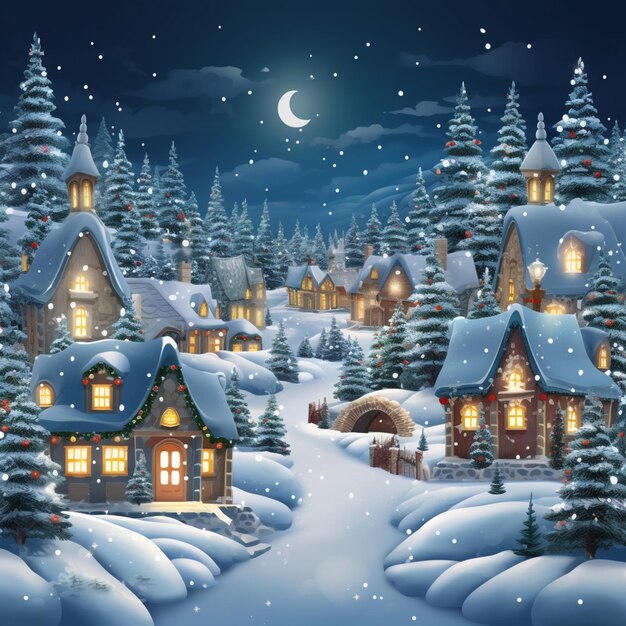 escena nocturna nevada con un pueblo y una ai generativa de luna llena