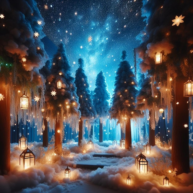una escena nocturna con nieve con un bosque nevado con una escena nevada con un paisaje nevado