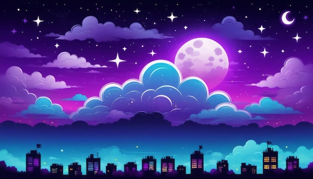 Escena nocturna con nubes, estrellas y luna llena