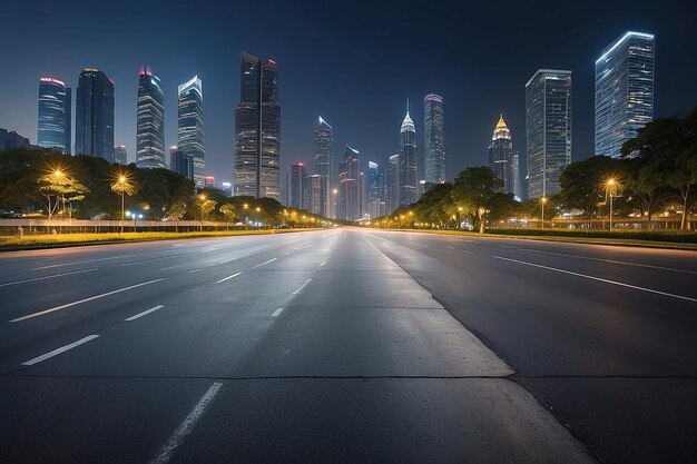 Escena nocturna del paisaje urbano de Bangkok con suelo de asfalto vacío en el frente