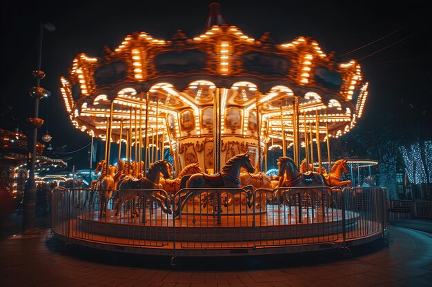 Foto escena nocturna de un pequeño paseo en carrusel