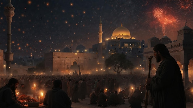 una escena nocturna con personas orando frente a una mezquita