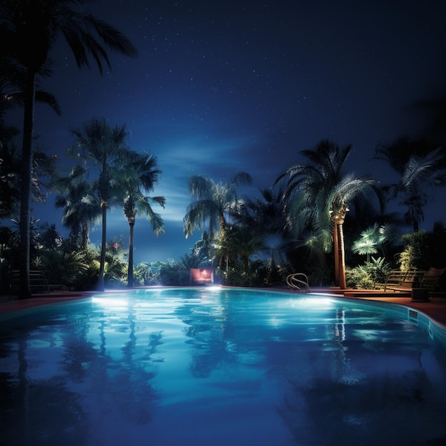 escena nocturna de una piscina con palmeras y una silla de piscina ai generativa