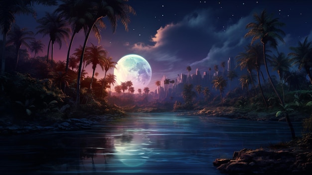 Una escena nocturna con un río y palmeras a la izquierda.