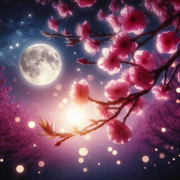 Foto escena nocturna romántica hermosa flor rosa florece en el cielo nocturno con luna llena