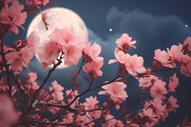 Escena nocturna romántica Una hermosa flor rosada florece en el cielo nocturno con luna llena