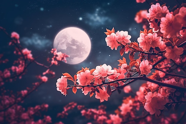 Escena nocturna romántica Una hermosa flor rosada florece en el cielo nocturno con luna llena