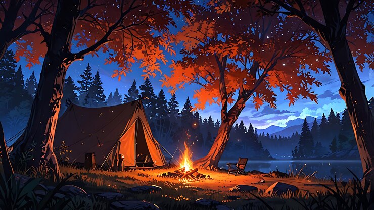 Una escena nocturna con una tienda de campamento con una fogata y la luna en el fondo