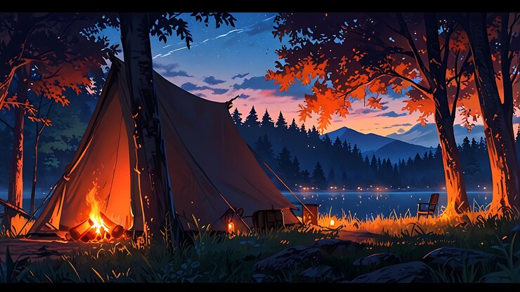 Una escena nocturna con una tienda de campamento con una fogata y la luna en el fondo