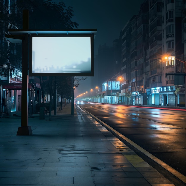 Escena nocturna urbana con cartel en blanco listo para la publicidad en una calle desierta