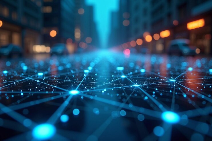 Escena nocturna urbana futurista Vista en bajo ángulo de una calle húmeda con superficie reflectante y brillante
