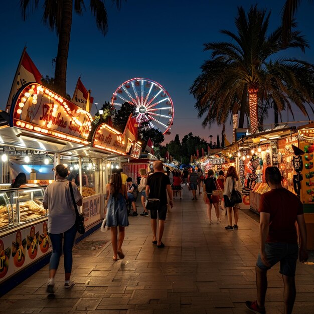 Escena noturna do mercado na Feira de Verão de Málaga Grupo de pessoas caminhando ao lado do Carnaval